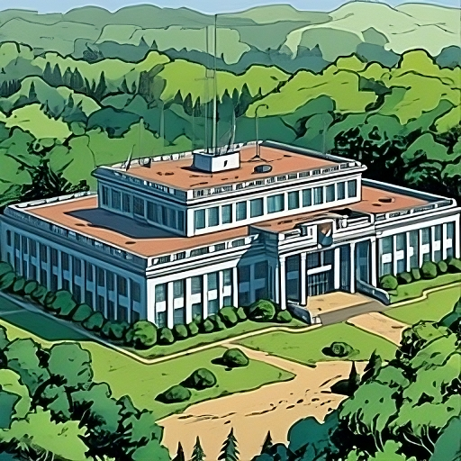 Large house representing headquarters building, surrounded by trees